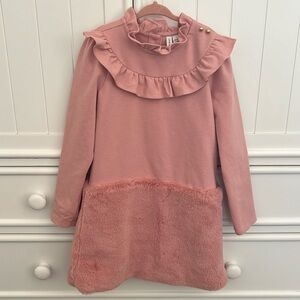 Janie and Jack Rose color dress with faux fur and ruffle collar.